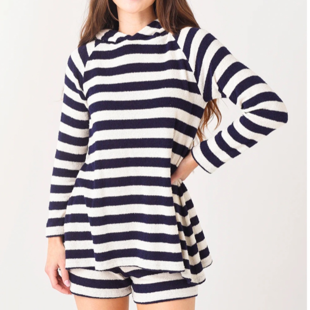 Warm Fun french terry hooded swim cover-up poncho stripe size medium